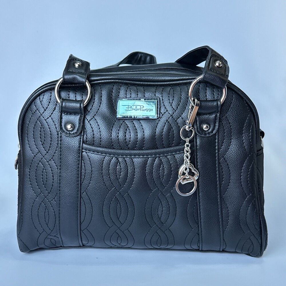 Bella Russo Bag Black Leather Silver-Plated Charms Medium Tote 2 Compartments